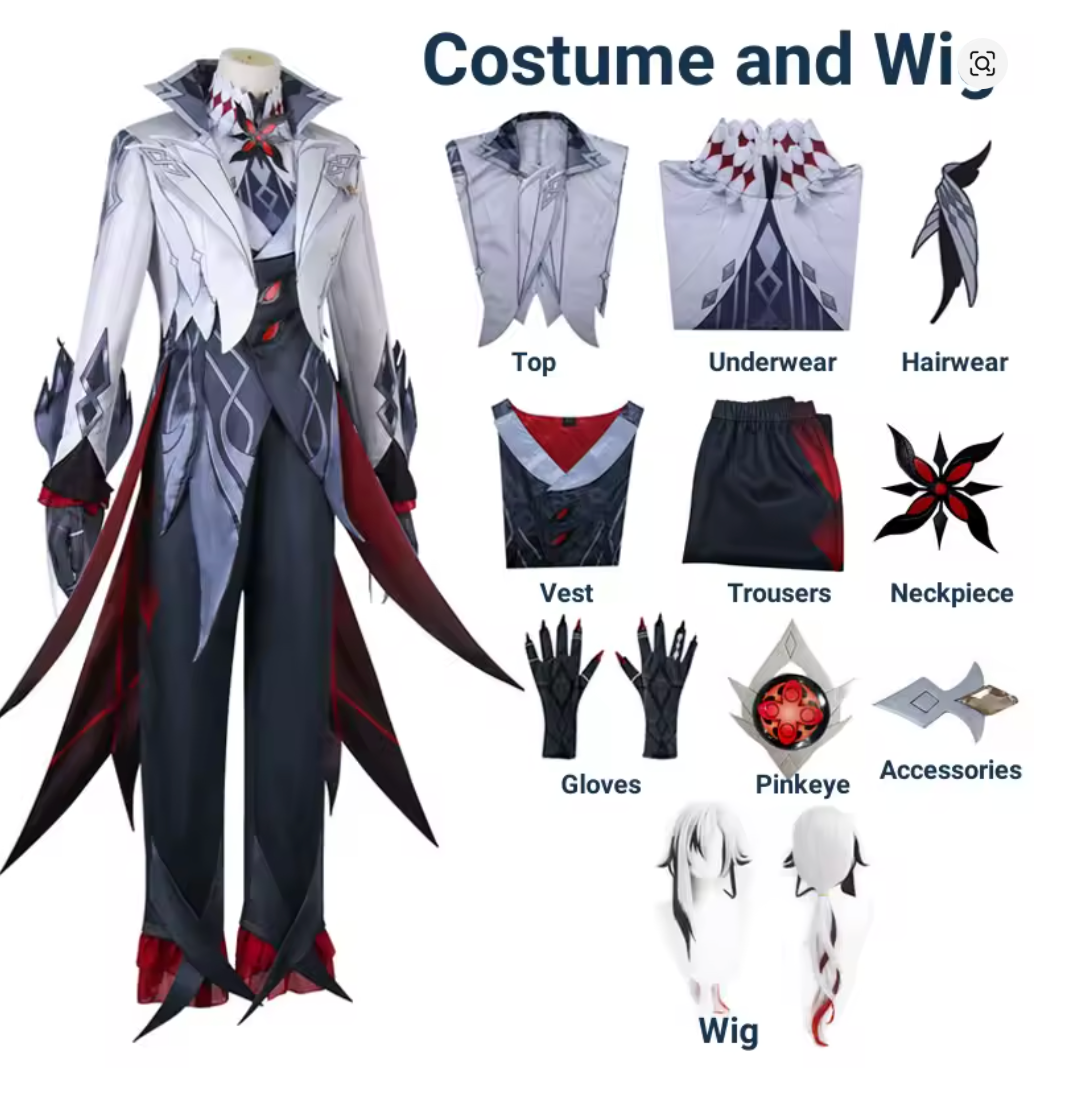 Cosplay Genshin Impact – Costume complet Fatui Harbinger + Perruque & Accessoires
