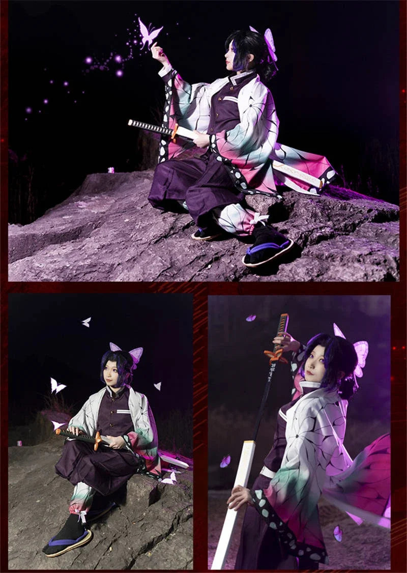 Anime Demon Slayer Kimetsu Geen Yaiba Kochou Shinobu Cosplay Kostuum Pruik Set Kimono Uniform Halloween Anime Kostuums Voor Kid